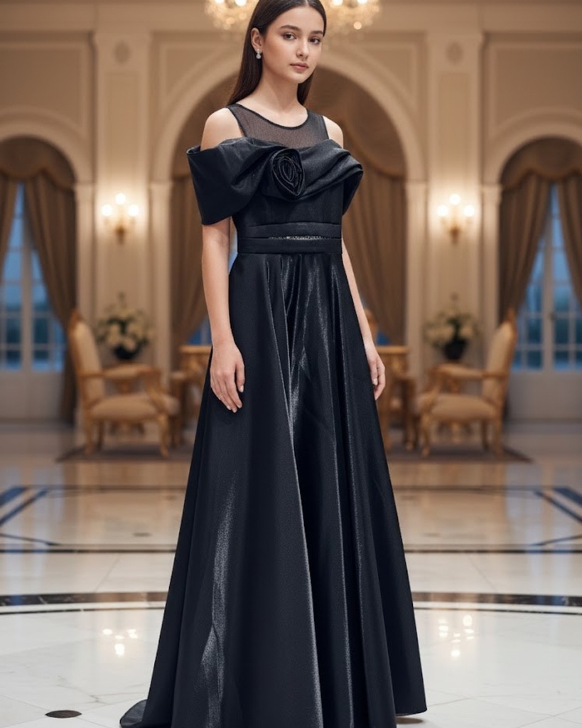 فستان ستان مكسي اسود 9130