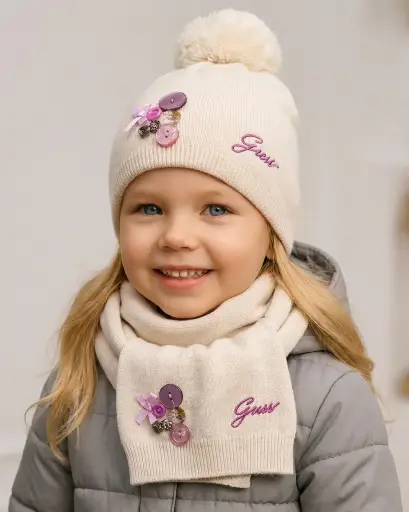 سكارف وطاقية صوف ازرار بيج -79262